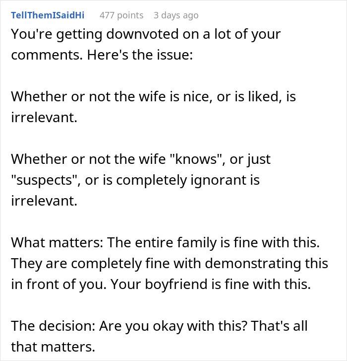 Comment discussing family dynamics when son&rsquo;s mistress is welcomed while wife remains clueless at home.