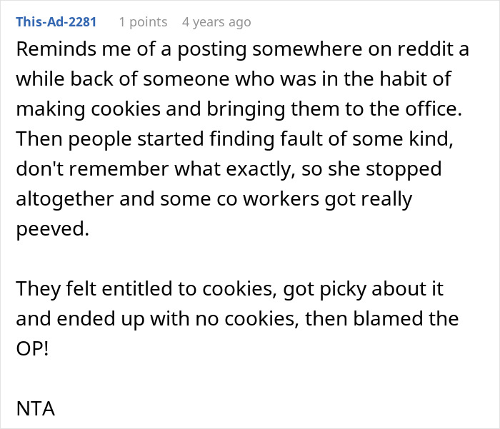 Reddit comment discussing coworker entitlement and conflict after stops picking up lunches in the office.