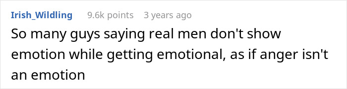 Screenshot of a Reddit comment discussing men showing emotion, related to woman leave fiance over boyfriend topic.