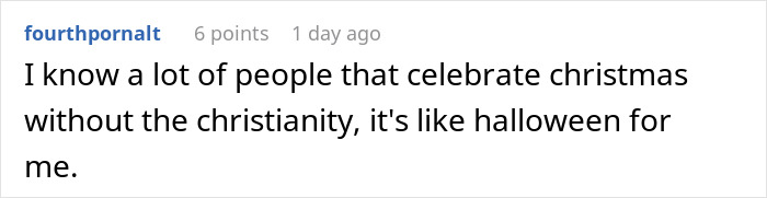 Screenshot of a social media comment discussing celebration of Christmas and cultural perspectives in a family context. Screenshot of a social media comment discussing celebration of Christmas and cultural perspectives in a family context.