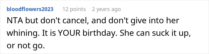 Screenshot of an online comment about a woman feeling tired of her friend&rsquo;s strict diet rules during her birthday celebration.