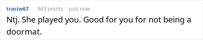 Comment on social media with user name traciw67 praising someone for not being a doormat, related to neighbor dog walking pay deserts discussion.