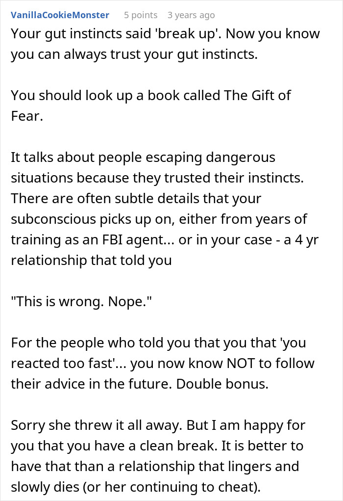 Comment discussing trusting gut instincts about breaking up after a woman suggests an open relationship and immediate breakup.