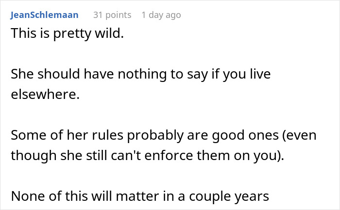 Screenshot of a forum comment discussing a woman trying to enforce family rules on her boyfriend&rsquo;s son not living with them.