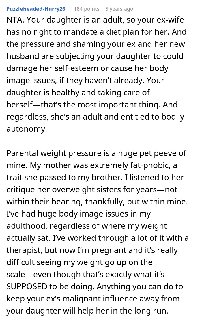 Screenshot of an online forum discussing fat phobic mom and parental weight pressure affecting body image issues.