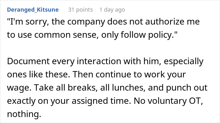 Screenshot of a comment advising a cashier to document interactions and avoid overtime during a crisis as manager gets upset.