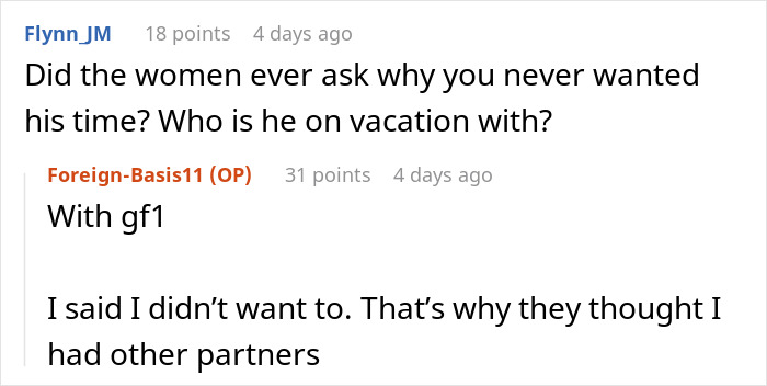 Screenshot of a Reddit conversation discussing a woman questioning polyamory and her partner&rsquo;s time with others.