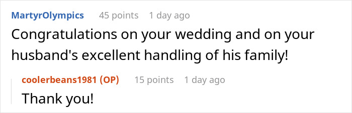Screenshot of an online comment congratulating a newlywed for handling his toxic family and cutting off his mother-in-law.