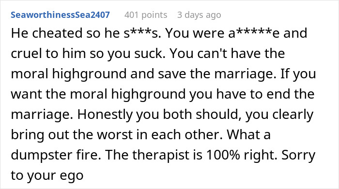 Comment from internet users giving a reality check to a woman about her cheating husband and therapist&rsquo;s advice.