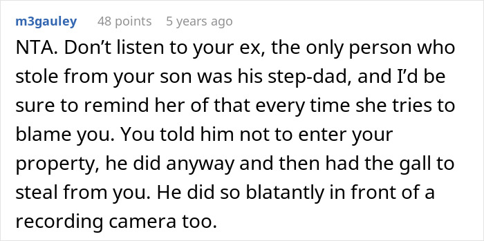 Screenshot of an online comment discussing stolen expensive Lego sets by cheating ex-wife's boyfriend caught on camera.