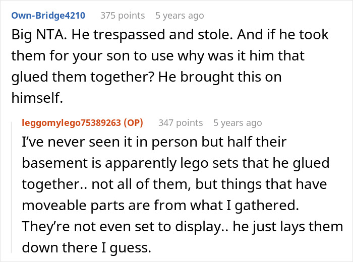 Comments discussing a cheating ex-wife's boyfriend stealing expensive Lego sets and the resulting arrest.