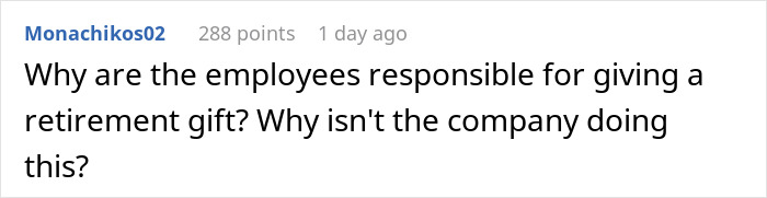 Comment on a forum discussing a woman refusing to contribute $50 to a coworker's retirement gift after a difficult work relationship.