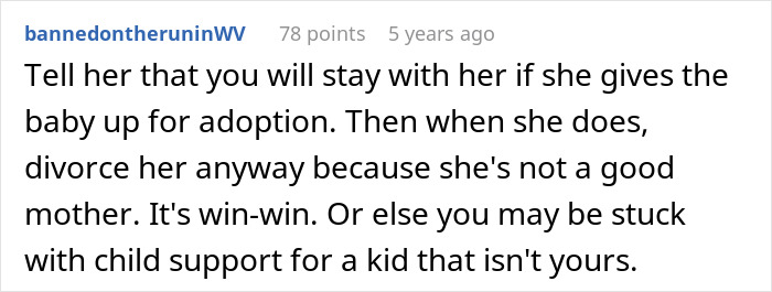 Reddit comment discussing wife's secret exposed after giving birth to a black child and fears of divorce.