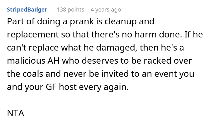 Screenshot of a Reddit comment discussing a groom pranking brother-in-law’s girlfriend and refusing to take responsibility.