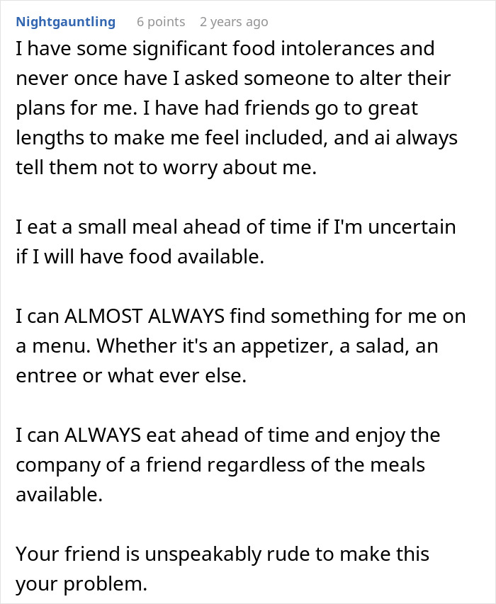 Comment discussing a woman tired of friend&rsquo;s strict diet rules affecting social meals and celebrations.