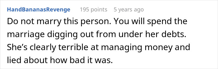 Online comment warning about fianc&eacute;e keeping secrets leading to guy calling off wedding over financial issues.