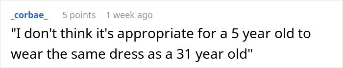 Comment discussing concern about a mom wanting her 3-year-old daughter to wear the same dress as the bride.