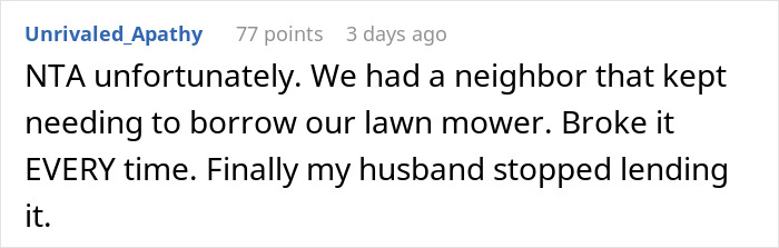 Screenshot of a forum user explaining why lending a new snow blower to a neighbor they never met before is unreasonable.
