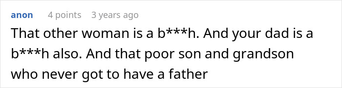 Text conversation showing a comment about a woman learning her father had a secret son, impacting the family deeply.