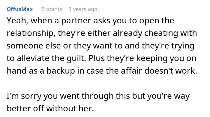 Comment discussing open relationship and breakup, highlighting trust issues and emotional impact on the guy.