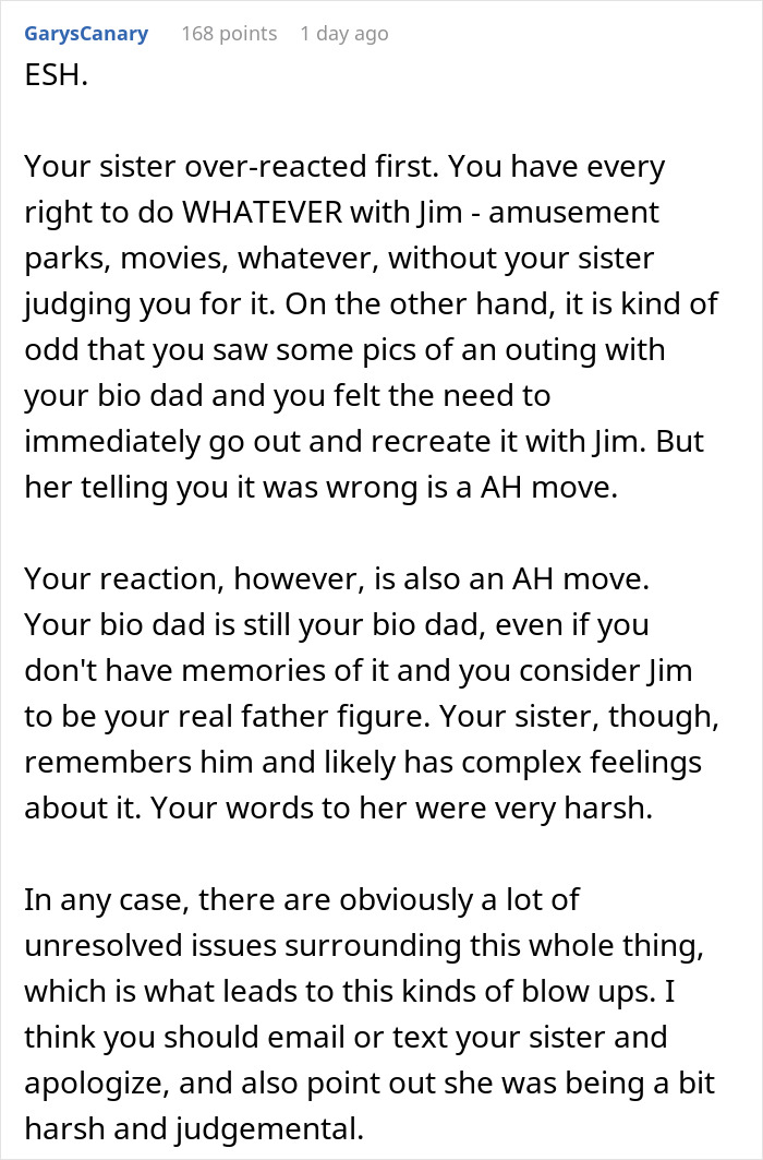 Screenshot of a Reddit comment discussing sister screaming treason when teen calls stepdad dad and suggesting therapy instead. Screenshot of a Reddit comment discussing sister screaming treason when teen calls stepdad dad and suggesting therapy instead.