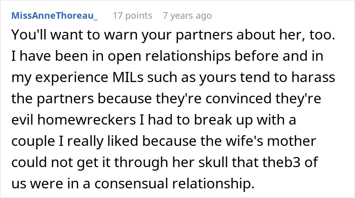 Text post from MissAnneThoreau_ discussing MIL behavior in open relationships and harassing partners over cheating suspicions.