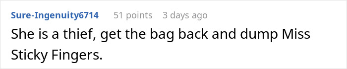 Comment text saying she is a thief and advising to get the phone bag back to protect the relationship.