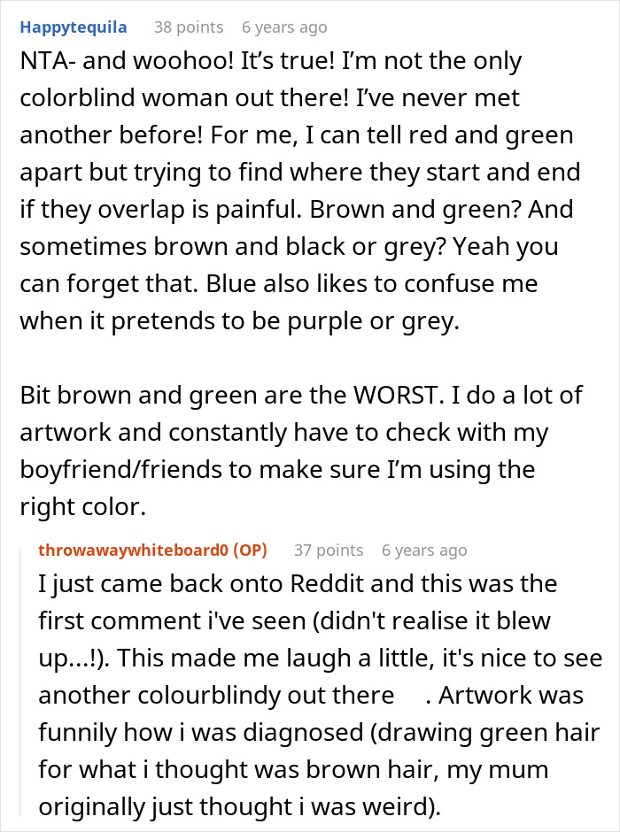 Reddit comments discussing challenges of colorblindness and special needs related to distinguishing colors like brown, green, and blue.