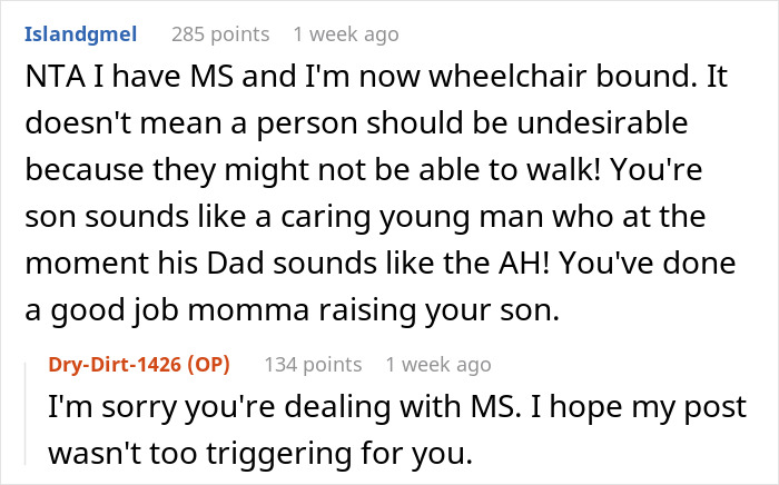 Comment highlighting ableist dad's concerns about his son's future loving a wheelchair user and supporting inclusive attitudes.