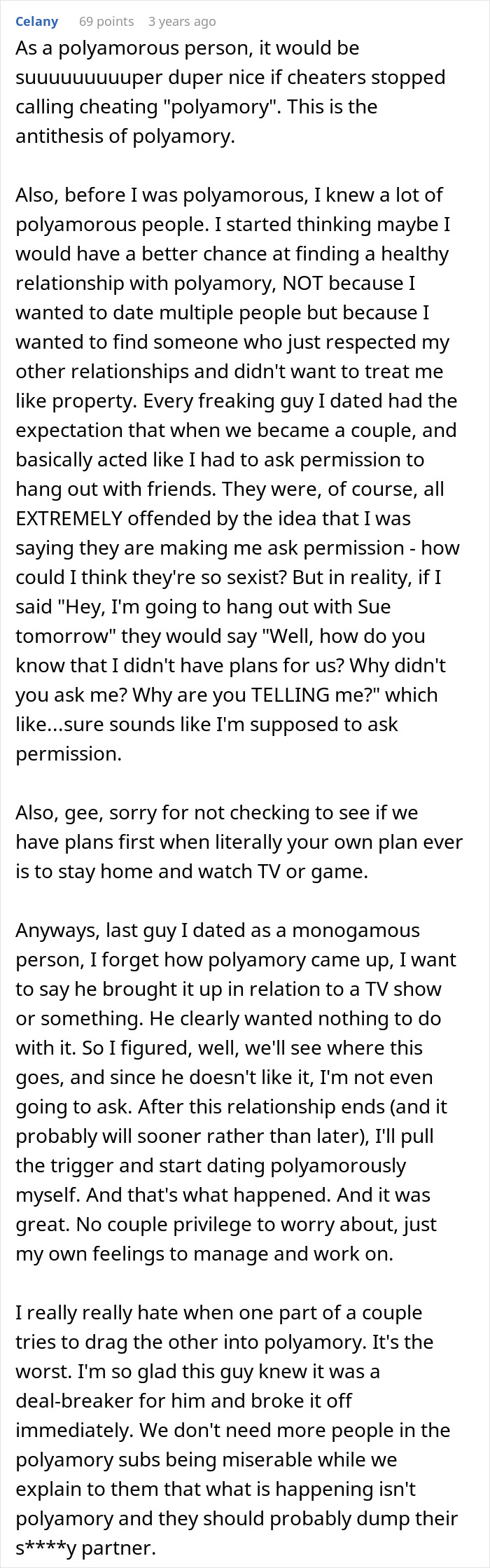 Text post discussing polyamory and mentioning a guy breaking up after a woman suggests an open relationship.