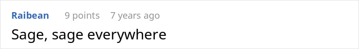 Comment section screenshot showing a user named Raibean saying "Sage, sage everywhere" with 9 points from 7 years ago.