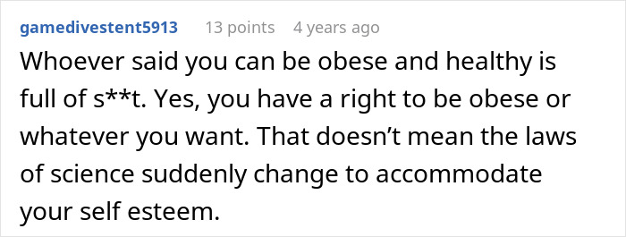 Comment discussing struggles with accepting a wife&rsquo;s weight gain and challenges in self-esteem and health beliefs.