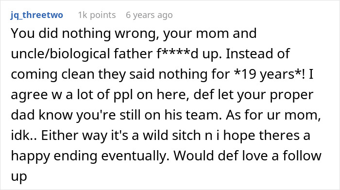 Screenshot of a user comment discussing family chaos caused by one DNA test revealing an uncle is actually the dad.