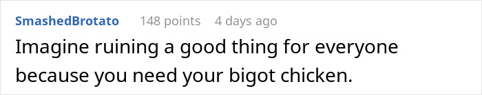 Comment expressing frustration about someone ruining a lunch routine due to entitlement at work.