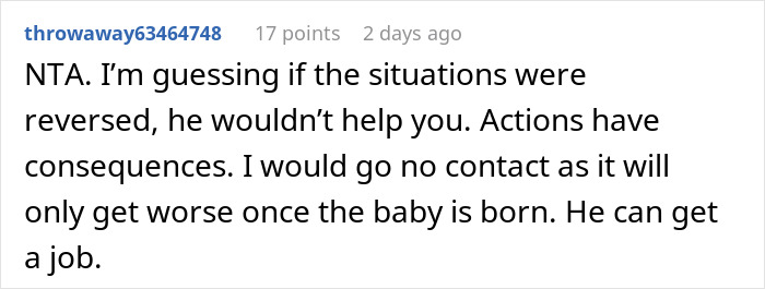 Screenshot of a forum comment where a user refuses to help a spoiled brother, mentioning family conflict and consequences.