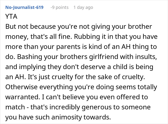 Reddit comment criticizing a guy for refusing to help his spoiled brother while parents are upset.