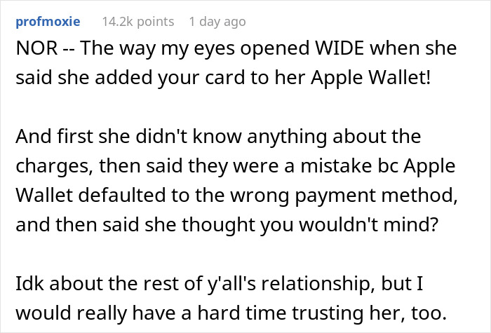 Screenshot of an online comment describing a girlfriend using her boyfriend&rsquo;s credit card and denying responsibility.