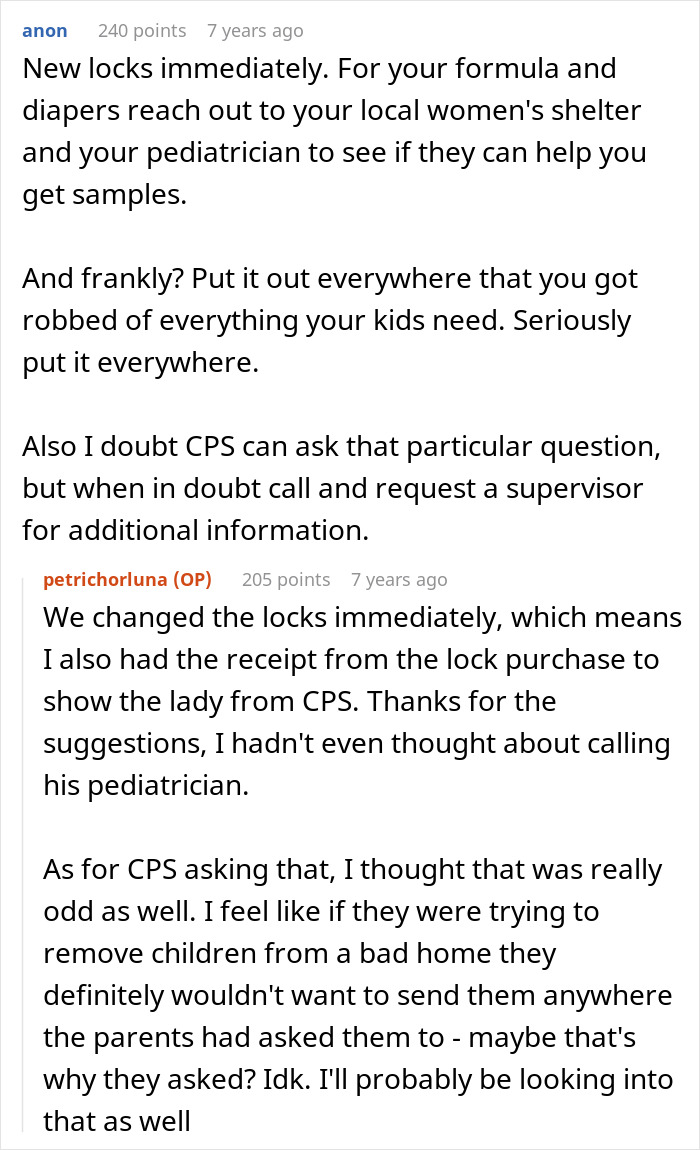 Reddit discussion about a couple suspecting step-mom of stealing food leading to a CPS visit and advice on changing locks.