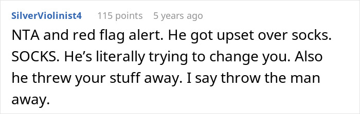 Reddit comment discussing a woman&rsquo;s fun sock collection being trashed by her boyfriend and resulting relationship issues.