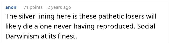 Comment from incel forum user expressing harsh views on social Darwinism and loneliness in incel communities.