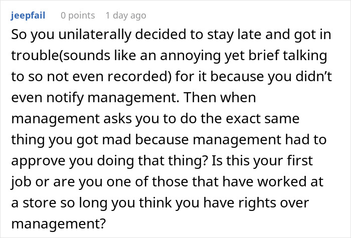 Comment discussing a cashier told not to work overtime complying during a crisis while management reacts strongly.