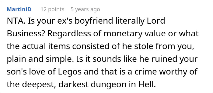 Text comment about cheating ex-wife's boyfriend stealing expensive Lego sets, mentioning crime and emotional impact.