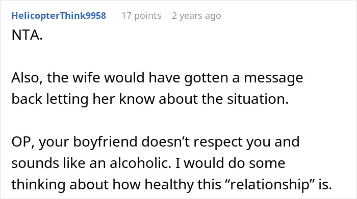 Comment on forum discussing a woman telling her drunk boyfriend to stop acting like a jerk and his refusal to listen.