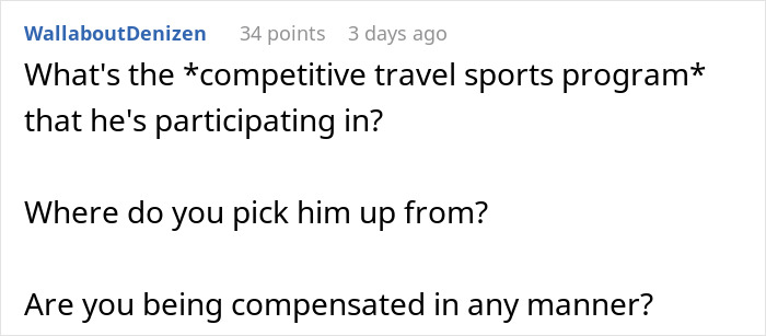 Screenshot of a user comment asking about a competitive travel sports program and transportation details for a nephew. Screenshot of a user comment asking about a competitive travel sports program and transportation details for a nephew.