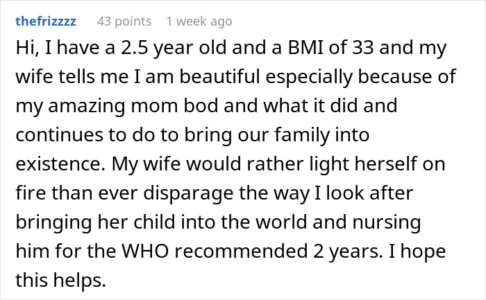 Text post discussing a man addressing body image and prescription meds pressure after his wife has a baby.