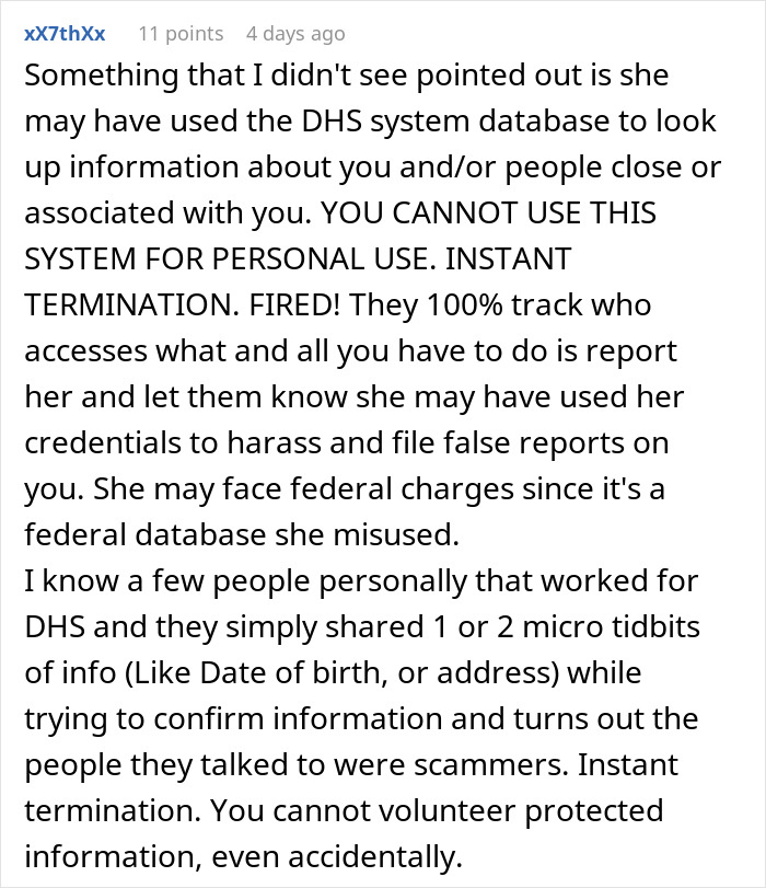 Comment discussing potential misuse of DHS database to harass others, linked to postpartum boundaries retaliation.