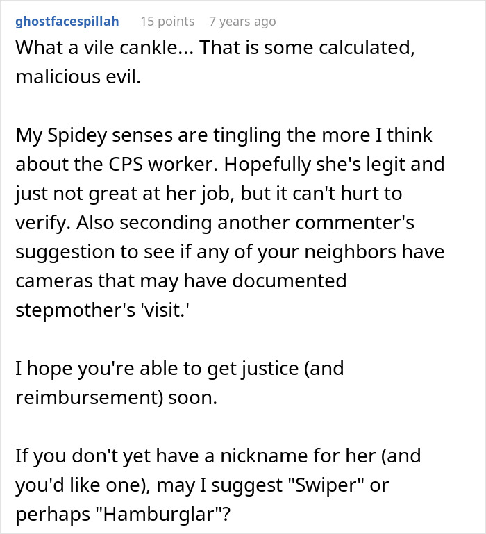 Comments discussing suspicion of stepmom stealing food, referencing CPS visit and nickname Hamburglar for theft.