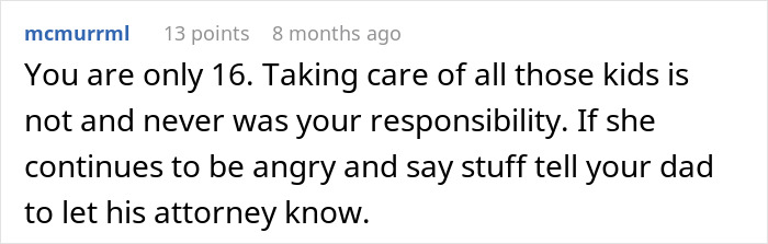 Screenshot of a forum comment discussing a teen overwhelmed by being a third parent to multiple kids at his mom's house.