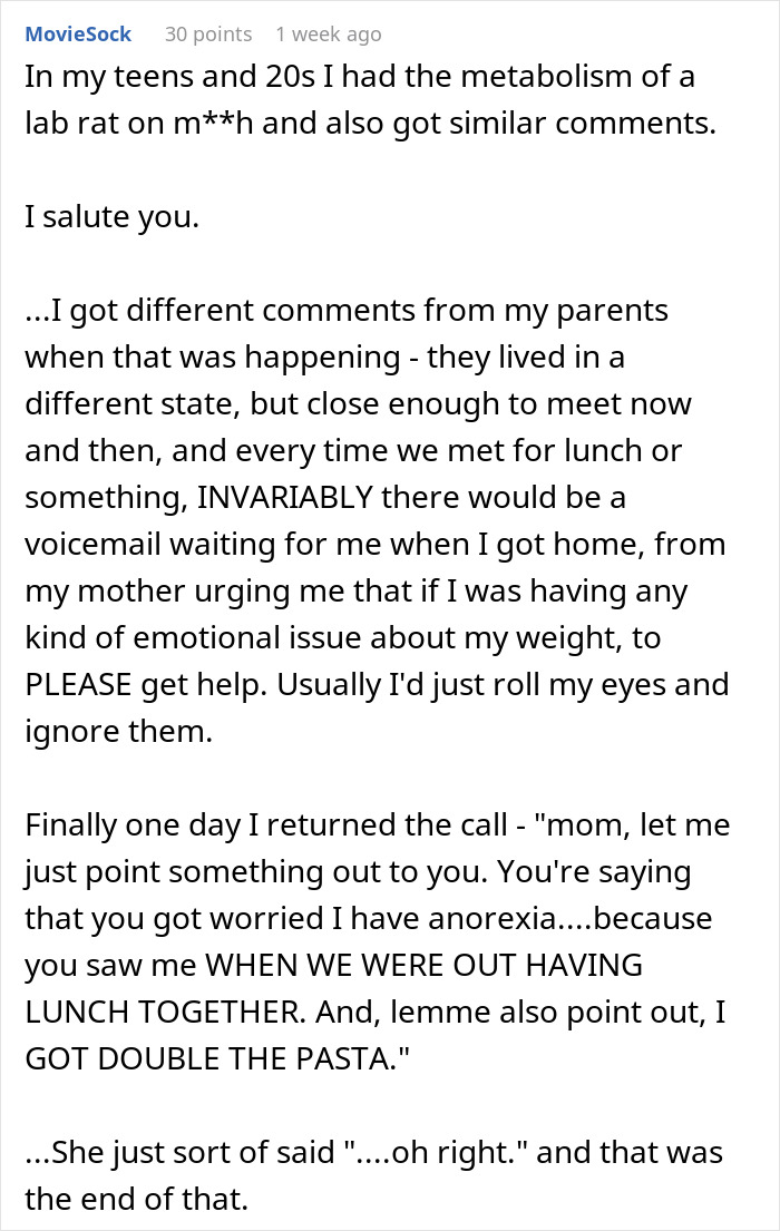 Screenshot of a user sharing a story about metabolism and comments on low weight from family members and others.