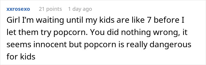 Comment about waiting to let kids try popcorn due to safety concerns during a family dinner with a rude mother present.